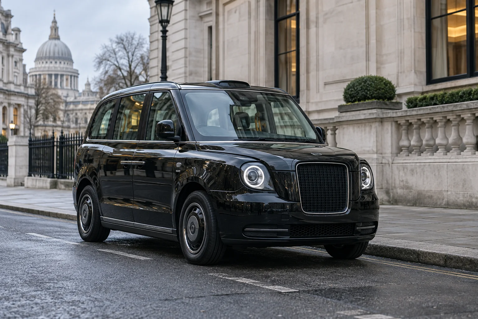 A black London taxi beside city architecture