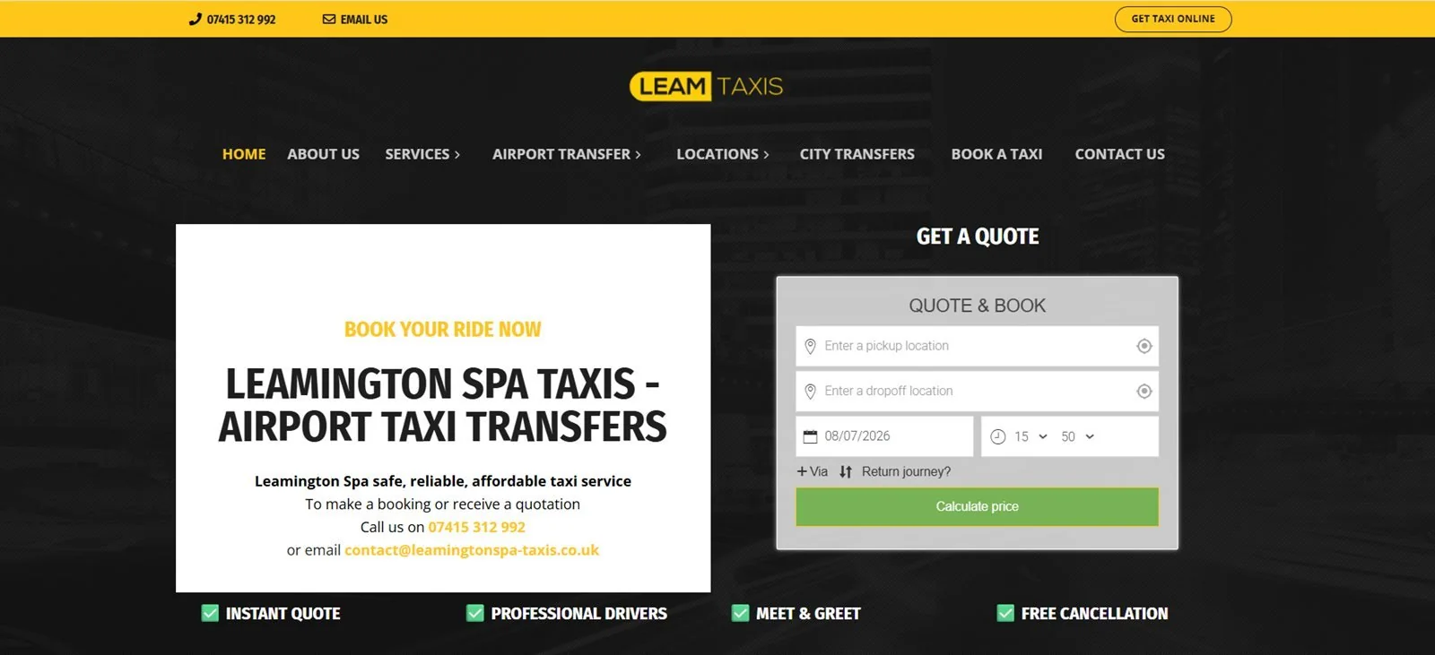 Leam Taxis booking website shown in the Hulk Marketing portfolio